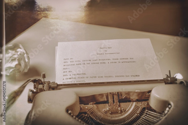 Obraz An imaginary script by an imaginary writer on a sheet of paper inserted into a vintage typewriter. A crumpled piece of paper lies nearby.  Selective focus. Post-processed to look like an old photo.