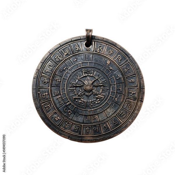 Fototapeta Antique Bronze Circular Pendant with Intricate Engraved Symbols and Design