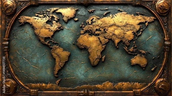 Fototapeta Antique world map embossed in gold, framed in metal