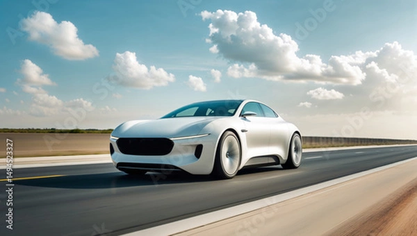 Fototapeta A white electric car speeds down a highway under a partly cloudy sky, showcasing modern design.