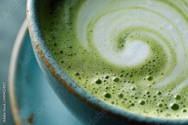 Fototapeta Close-up of a ceramic cup filled with frothy matcha latte showing a vibrant green swirl. Ideal for concepts around wellness, mindfulness, healthy drinks, and natural lifestyle.