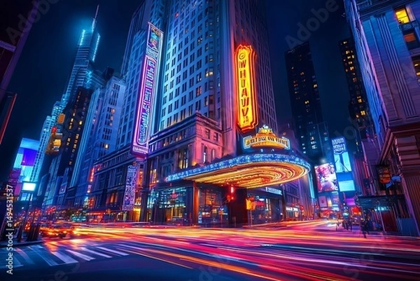 Obraz Nighttime cityscape with bright lights and fast moving traffic in a bustling urban environment