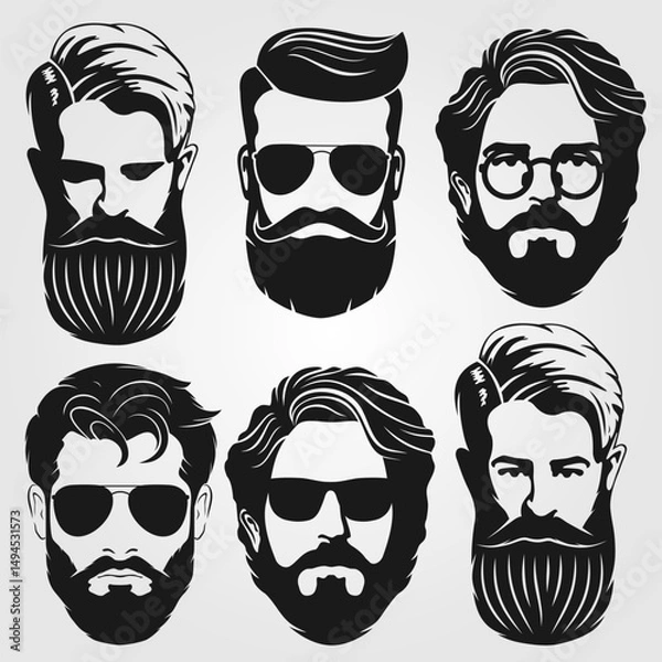 Obraz Set of vector bearded men faces hipsters. Fashion silhouette, emblem, icon, label. Vector illustration