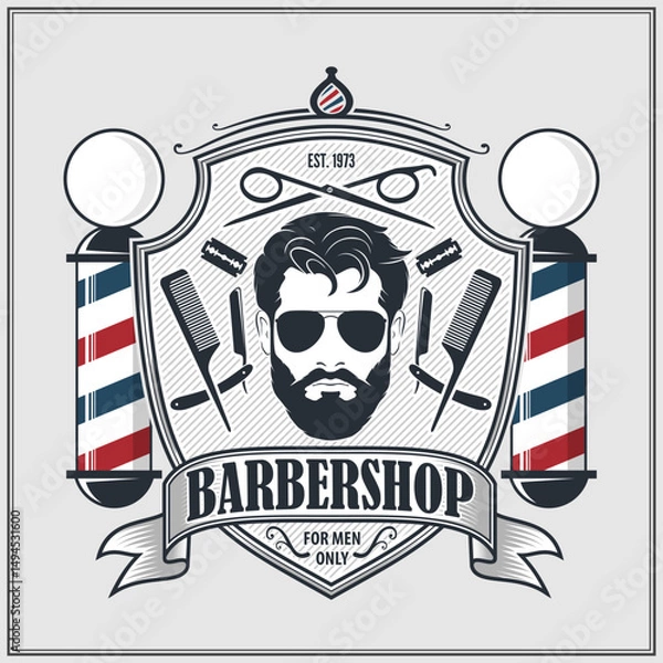 Obraz Barbershop logo, poster or banner design concept with barber pole and bearded men. Vector illustration	