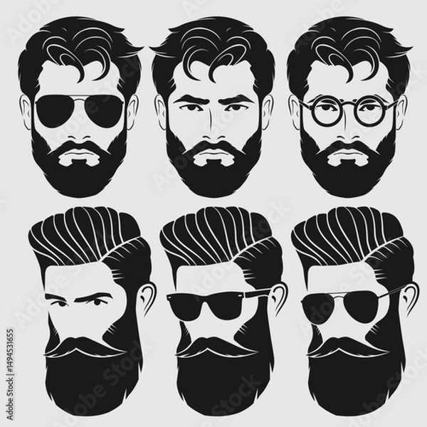 Obraz Set of vector bearded men faces hipsters. Fashion silhouette, emblem, icon, label. Vector illustration
