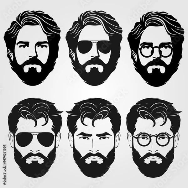 Obraz Set of vector bearded men faces hipsters. Fashion silhouette, emblem, icon, label. Vector illustration