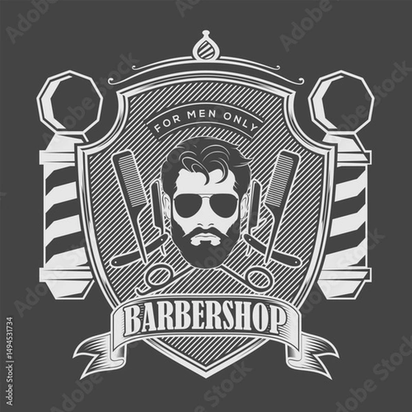 Obraz Barbershop logo, poster or banner design concept with barber pole and bearded men. Vector illustration	