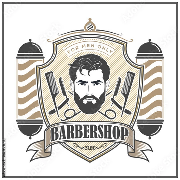 Obraz Barbershop logo, poster or banner design concept with barber pole and bearded men. Vector illustration	