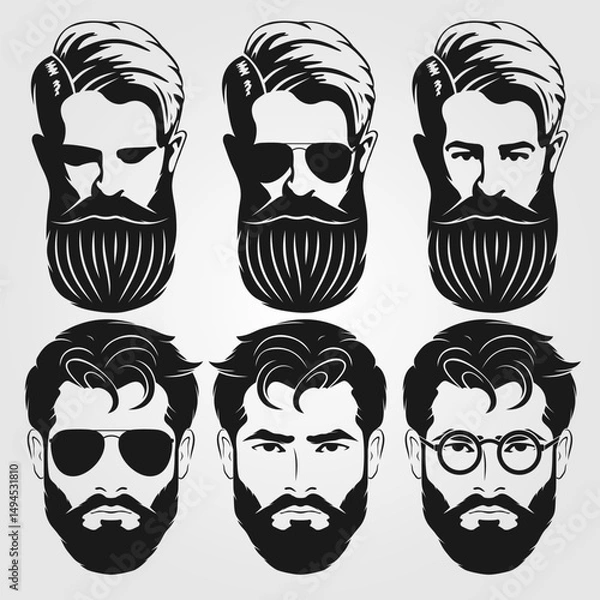 Obraz Set of vector bearded men faces hipsters. Fashion silhouette, emblem, icon, label. Vector illustration
