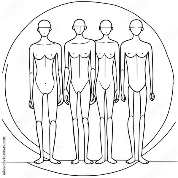 Obraz Vector illustration of man and woman fashion figures, front and back outline silhouettes