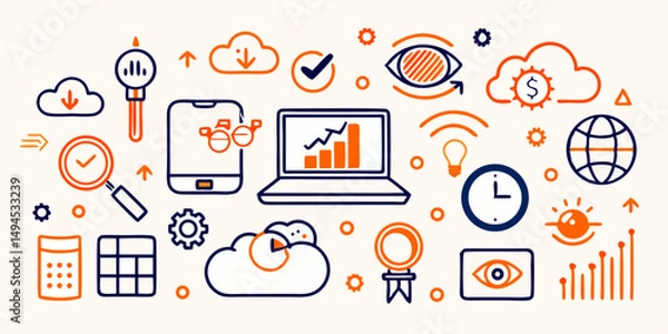 Obraz Flat design vector set of business, internet, and social media communication technology icons for web and mobile