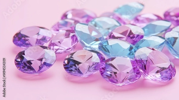 Fototapeta A cluster of faceted, pastel purple and blue gemstones rests on a pink surface, showcasing their brilliance and varied hues