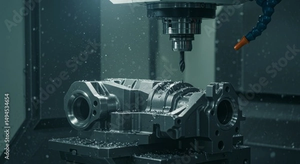 Fototapeta Precision Metal Machining Process - Close-up of a CNC machine precisely milling a metal part, showcasing the industrial process and high-quality results