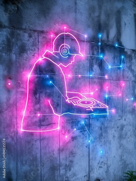 Obraz Neon sign of a dj playing music on a turntable. the sign is made up of a series of lines and dots in different colors, creating a neon-like effect.