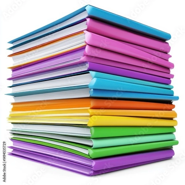 Fototapeta A tall stack of brightly colored books and binders, various sizes and hues, neatly arranged against a white background