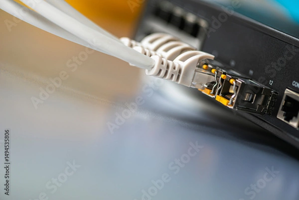 Obraz Network IT infrastructure components, switch with connected cable