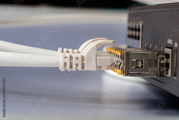 Obraz Network IT infrastructure components, switch with connected cable