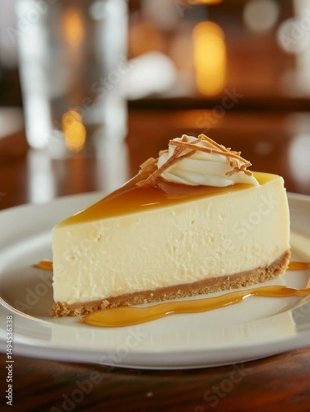 Obraz Slice of cheesecake on a white plate. the cheesecake has a creamy white color and is topped with a generous dollop of whipped cream and drizzled with caramel sauce.