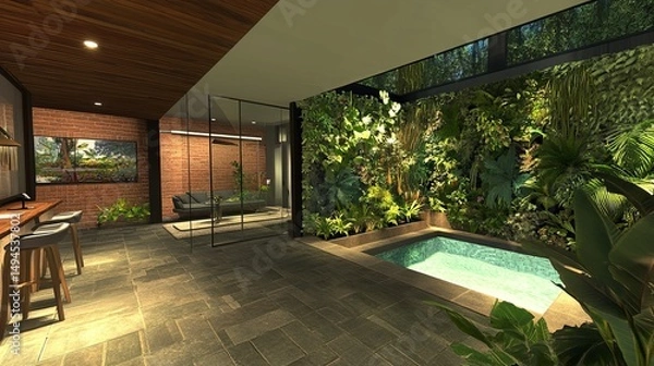 Fototapeta Modern, open-plan living area with a lush vertical garden and a small pool
