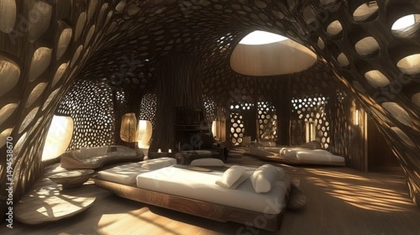 Fototapeta Interior of an organic, biomorphic house with a unique, intricate,  perforated facade