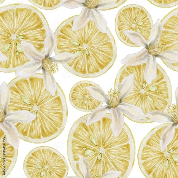 Fototapeta Ripe fresh yellow slice lemons with flowers seamless pattern on white watercolor illustration. For packaging juice, tea, cosmetic, perfume, home fragrant