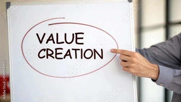 Fototapeta entrepreneurship branding value proposition. A hand points to a whiteboard displaying the phrase "VALUE CREATION" in bold letters, emphasizing a business concept in a professional setting.