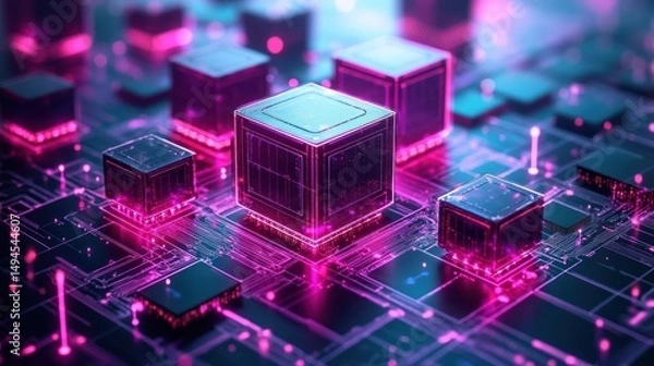 Fototapeta Futuristic glowing cubes on a circuit board.