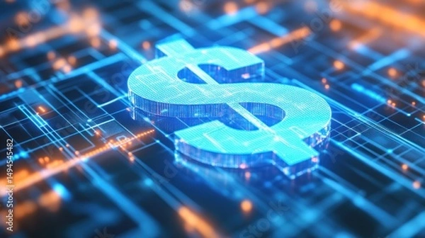 Fototapeta Glowing digital dollar sign on circuit board.