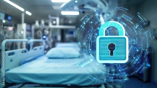 Fototapeta Hospital room with digital padlock, illustrating cybersecurity and data protection in healthcare.