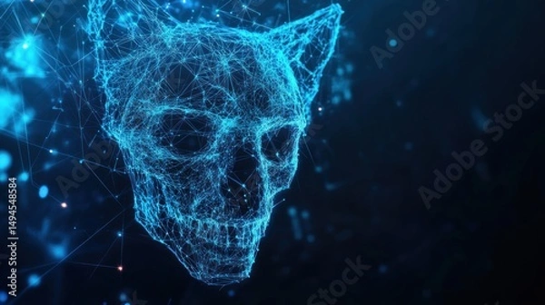 Fototapeta Abstract digital cat skull, glowing blue lines and nodes on dark background.