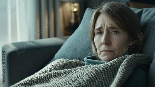 Fototapeta Tired exhausted woman resting on couch wrapped in blanket, recovering from sickness and fatigue, concept of health care, wellness and self care at home.