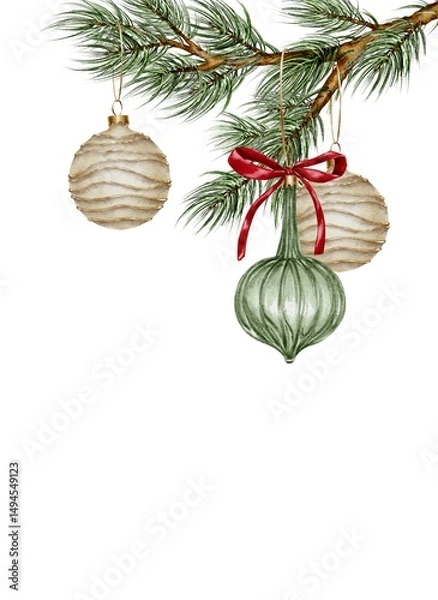 Fototapeta Christmas green and white with gold toys ball with red bow on branch spruce Watercolor template on white. Hand drawn illustration for New Year and winter holidays designs in realistic style