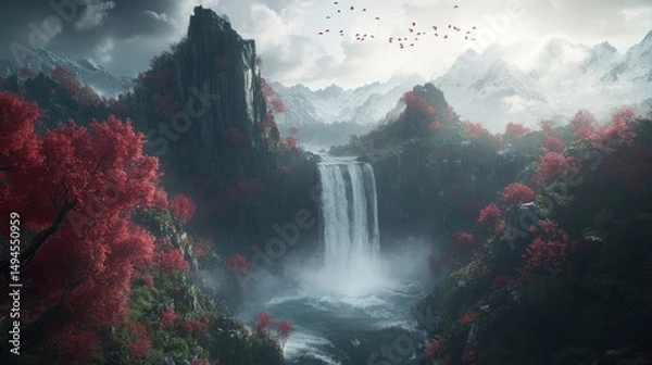 Fototapeta Serene waterfall cascading down rocky cliffs, surrounded by red autumnal trees and snow-capped mountains.