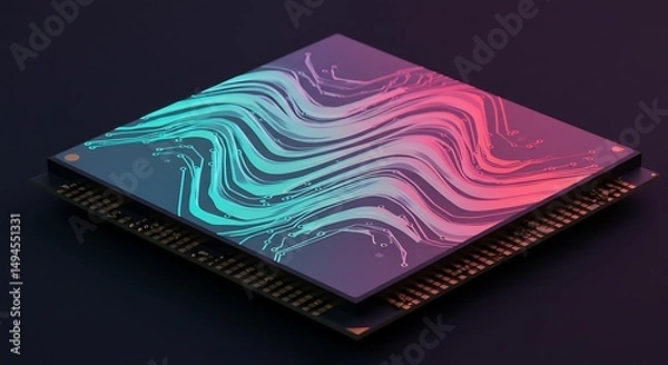 Fototapeta Abstract Microchip: Wavy Circuitry in Neon Hues