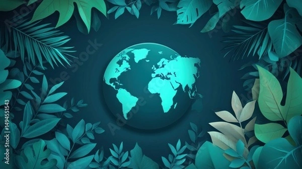 Fototapeta Teal globe surrounded by lush tropical leaves.