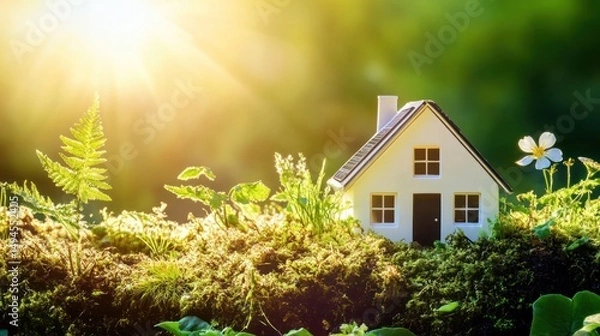 Fototapeta Miniature house nestled in vibrant green moss, bathed in sunlight.
