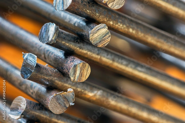 Obraz Stack of steel rods with rough cuts, close-up view