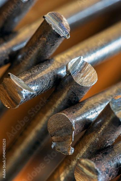 Obraz Stack of steel rods with rough cuts, close-up view