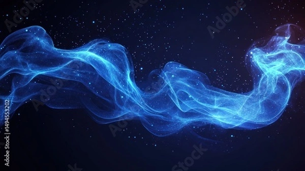 Fototapeta Abstract blue glowing wave with particles on dark background.