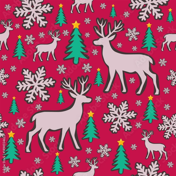 Obraz Christmas Deer Pattern on Red Background