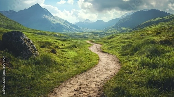 Obraz Scenic Winding Path Mountain Landscape Green Grass Summer Nature Trail Hiking Adventure Beautiful View Travel           