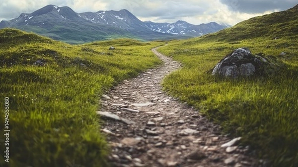 Obraz Serene Mountain Path Winding Through Lush Green Grass Fields Scenic Nature Trail Hiking Adventure Journey Peaceful      