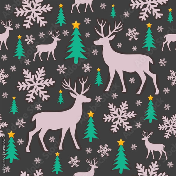 Fototapeta Deer and Snowflakes Christmas Pattern