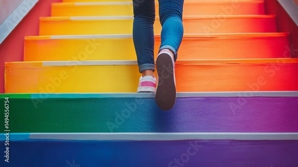 Obraz Colorful Rainbow Stairs Person Walking Upward Progress Success Journey art feet legs steps happy shoes denim jeans image