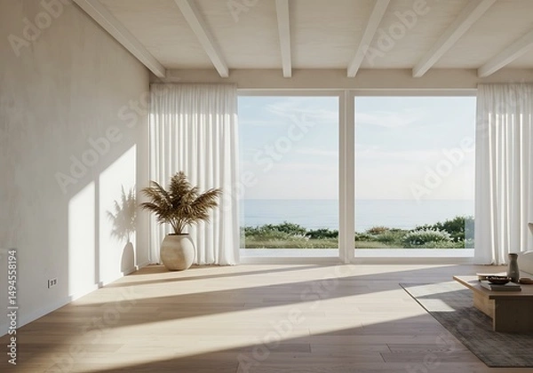 Fototapeta Coastal Minimalist Living Room: Sunlit Serenity and Ocean Views