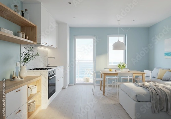 Fototapeta Coastal Studio Apartment: Serene Light-Filled Design with Ocean View