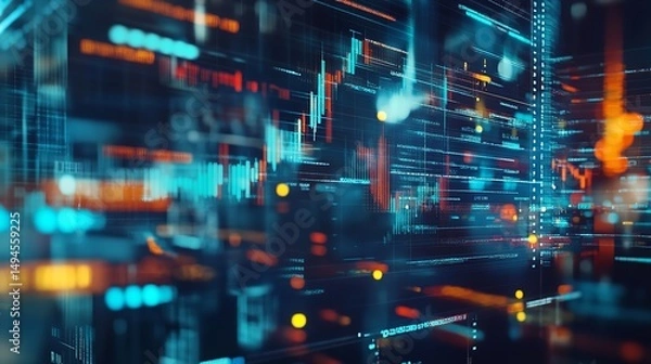 Fototapeta Abstract Digital Data Stream Technology Background Futuristic Network Orange Blue Visual Design Modern Graphic          