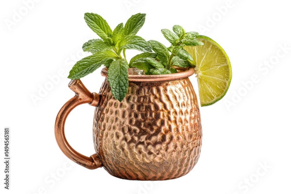 Fototapeta PNG Refreshing mint moscow mule in hammered copper mug with lime garnish on black background