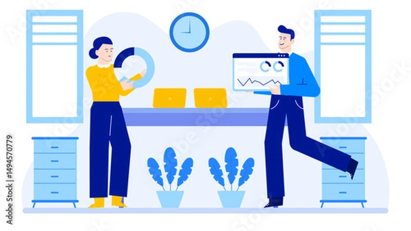 Fototapeta Two people discussing charts and graphs in an office. Suitable for business presentations, data analysis concepts, teamwork visuals, and corporate meetings.