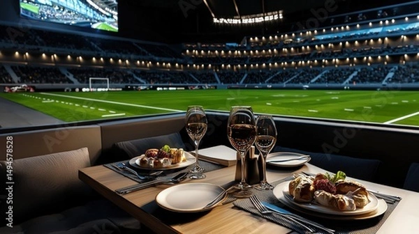 Obraz An exclusive dining experience unfolds in a private suite overlooking a lively football stadium, offe a unique blend of gourmet cuisine and sporting excitement.